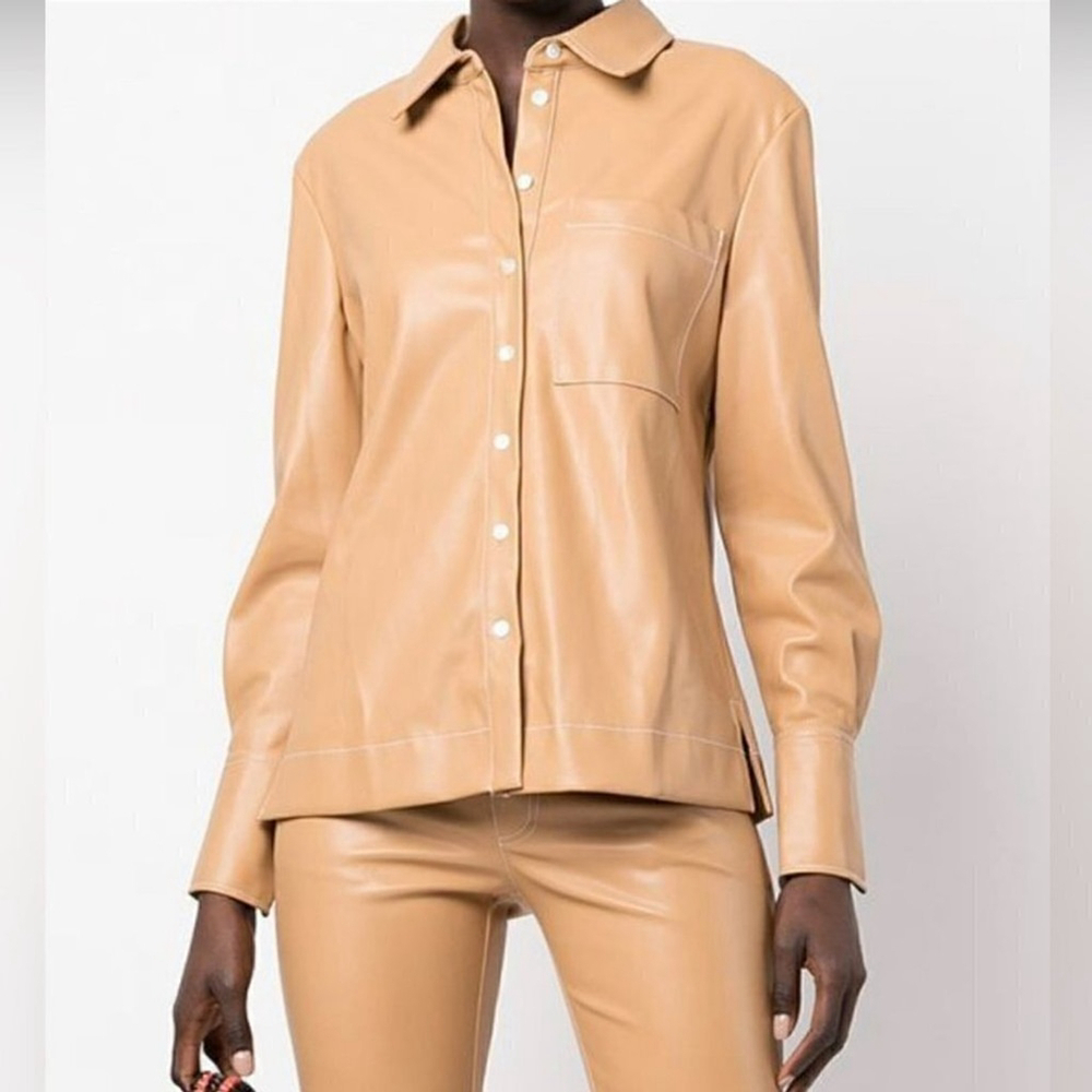 Staud Nwt Lynn Vegan Leather Collared Shirt In Doe Size Xs.